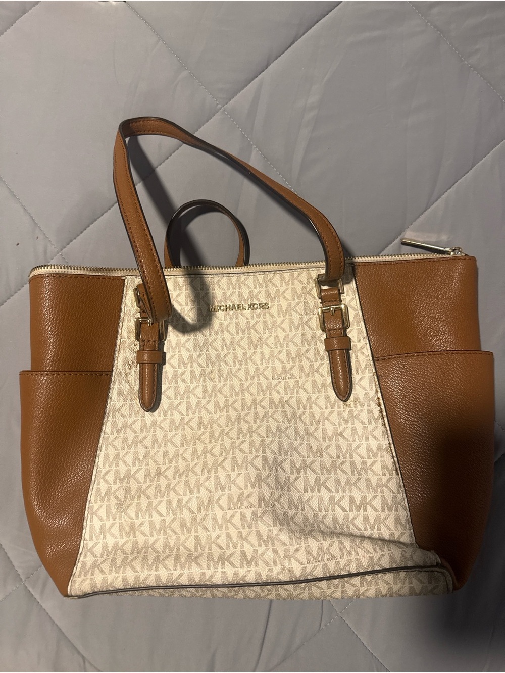 Michael Kors Cream and Tan Logo Tote Shoulder Bag